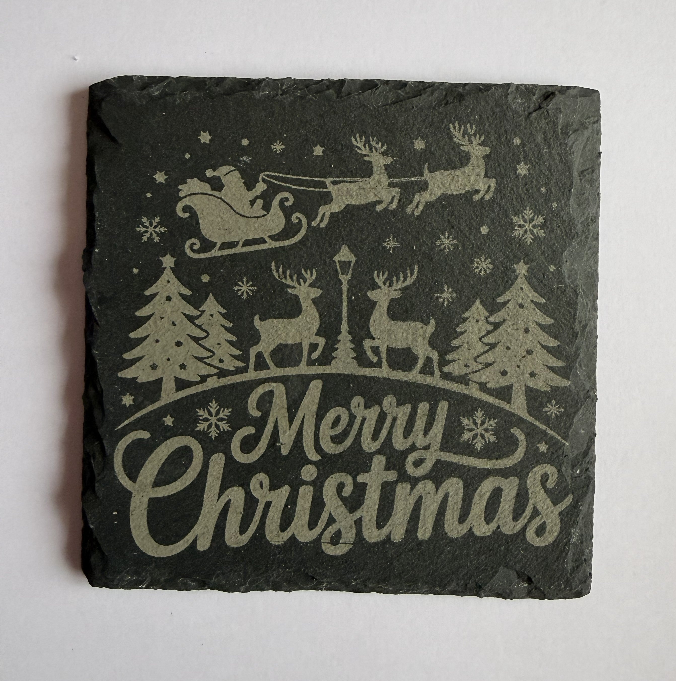 Merry Christmas Santa's sleigh laser engraved slate coaster with winter scene