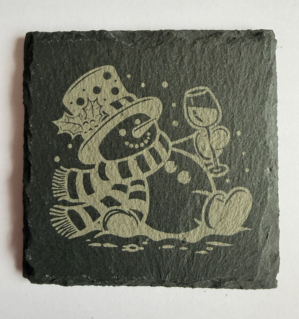 Snowman with wine glasses laser engraved slate coaster