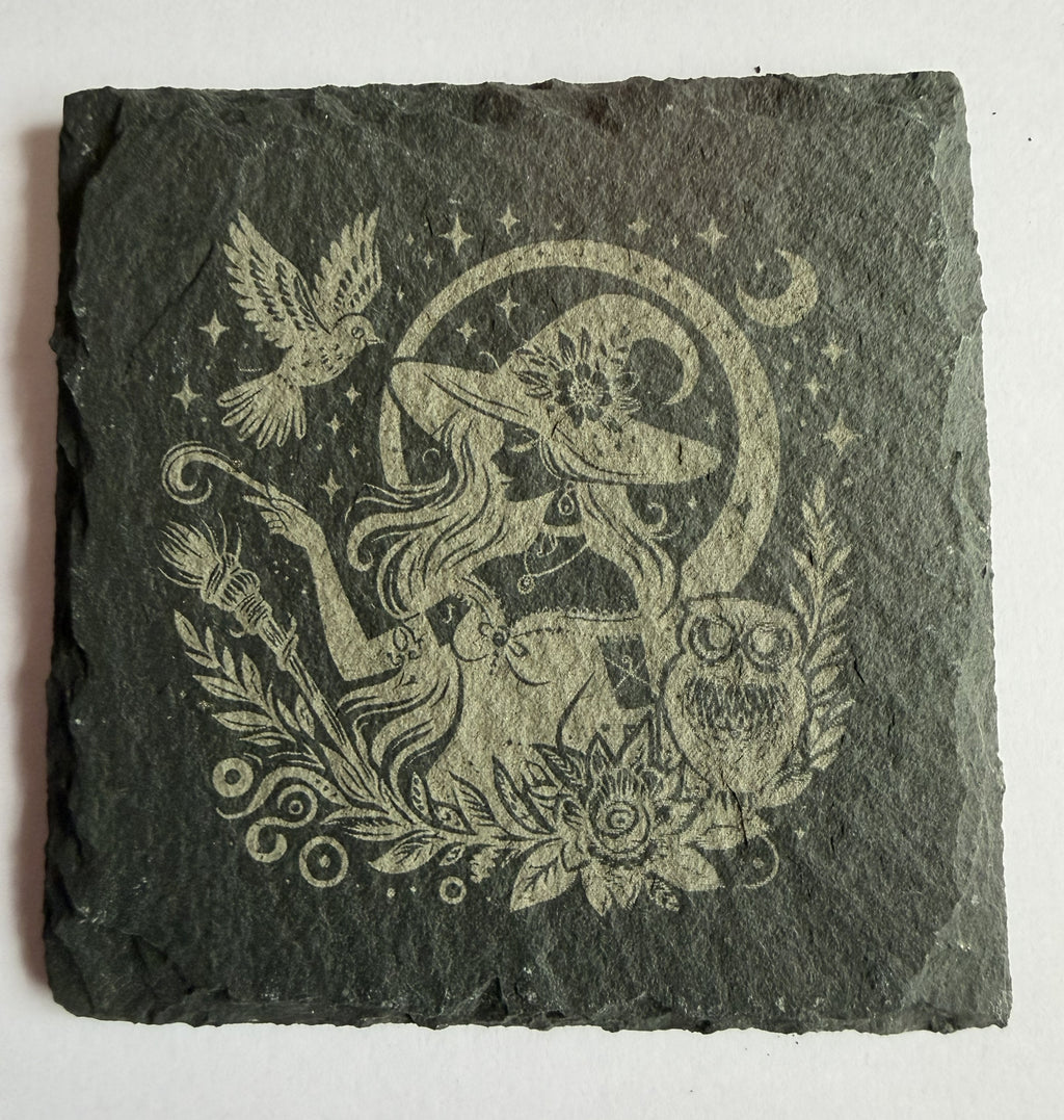 Witch and owl laser engraved slate coaster with crescent moon and botanicals
