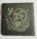 Witch and owl laser engraved slate coaster with crescent moon and botanicals