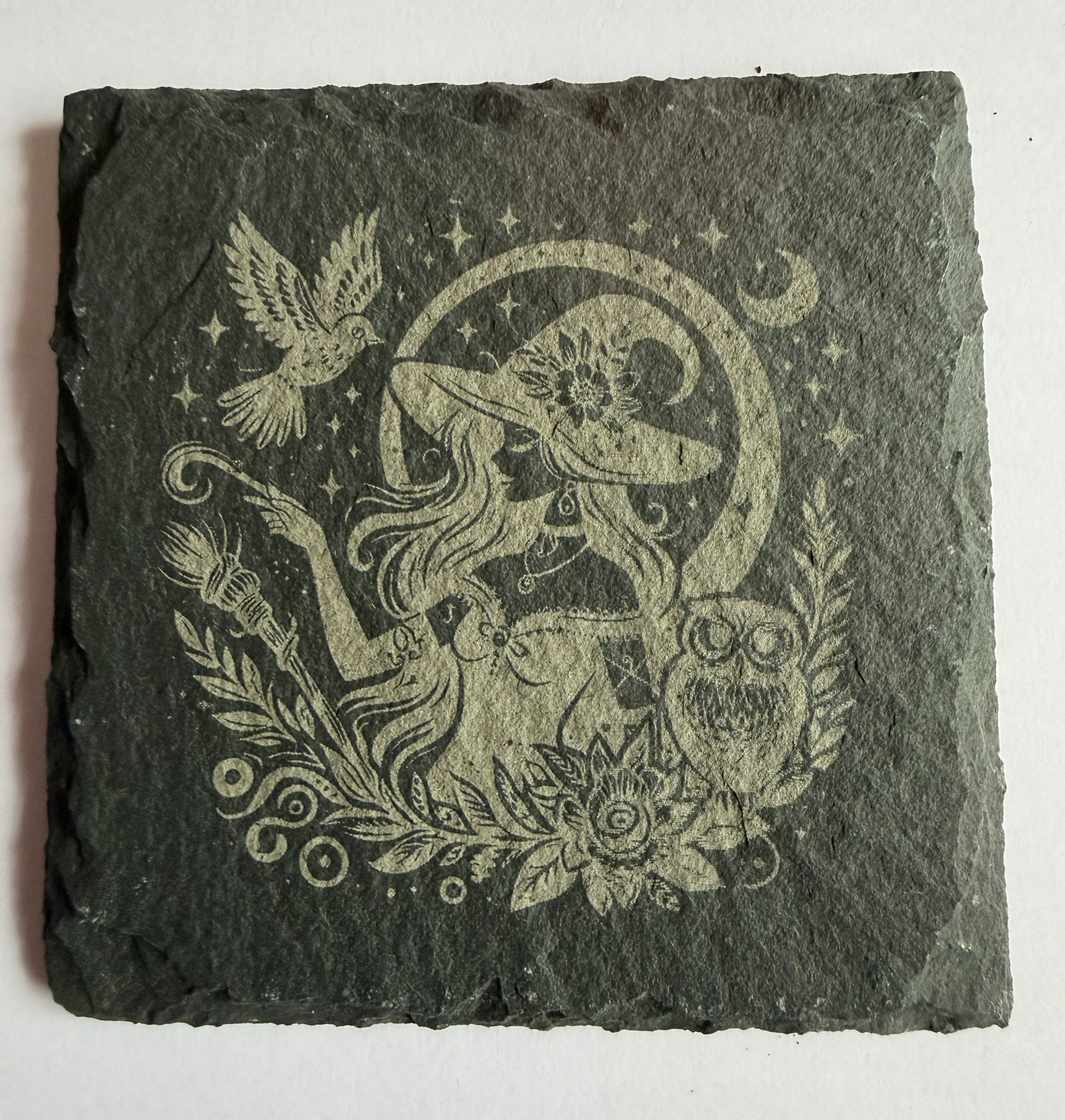 Witch and owl laser engraved slate coaster with crescent moon and botanicals