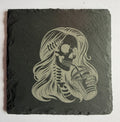 Skeleton girl with iced coffee laser engraved slate coaster front