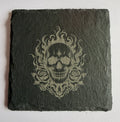 Flaming skull and roses laser engraved slate coaster front