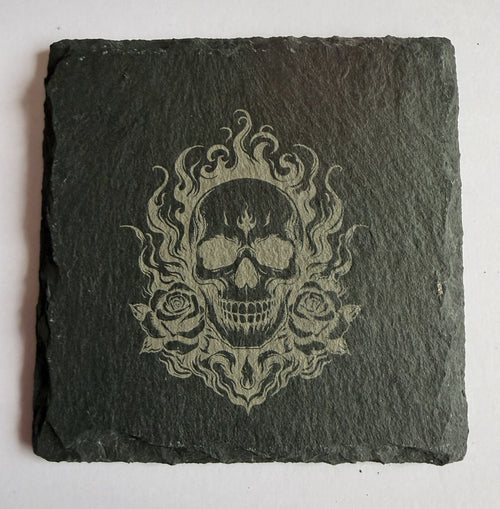 Flaming skull and roses laser engraved slate coaster front