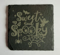 Sweet and Spooky laser engraved slate coaster with ghost, bat, spider and Halloween design