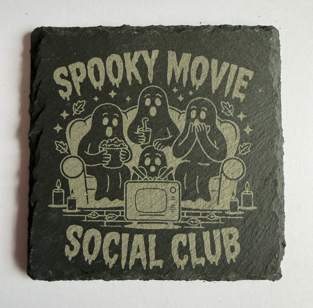 Spooky Movie Social Club laser engraved slate coaster with ghosts watching TV