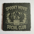 Spooky Movie Social Club laser engraved slate coaster with ghosts watching TV